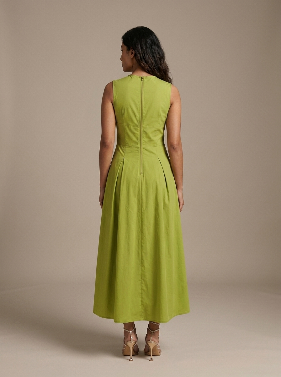Olive Green Sleeveless Zipper Front Pleated Midi Dress worn by a model, back view