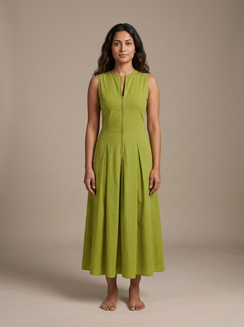 Olive Green Sleeveless Zipper Front Pleated Midi Dress worn by a model, front view