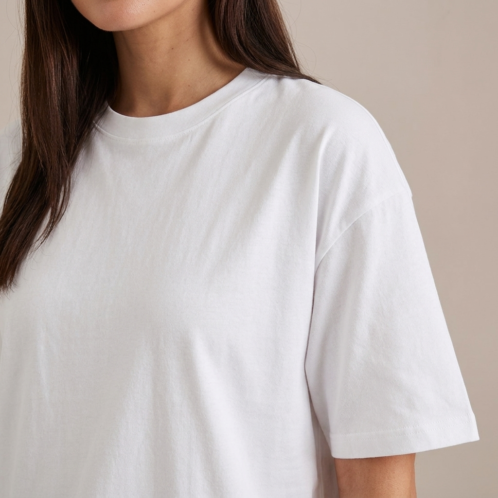 Close-up of Oversized White Cotton Crew T-Shirt detail
