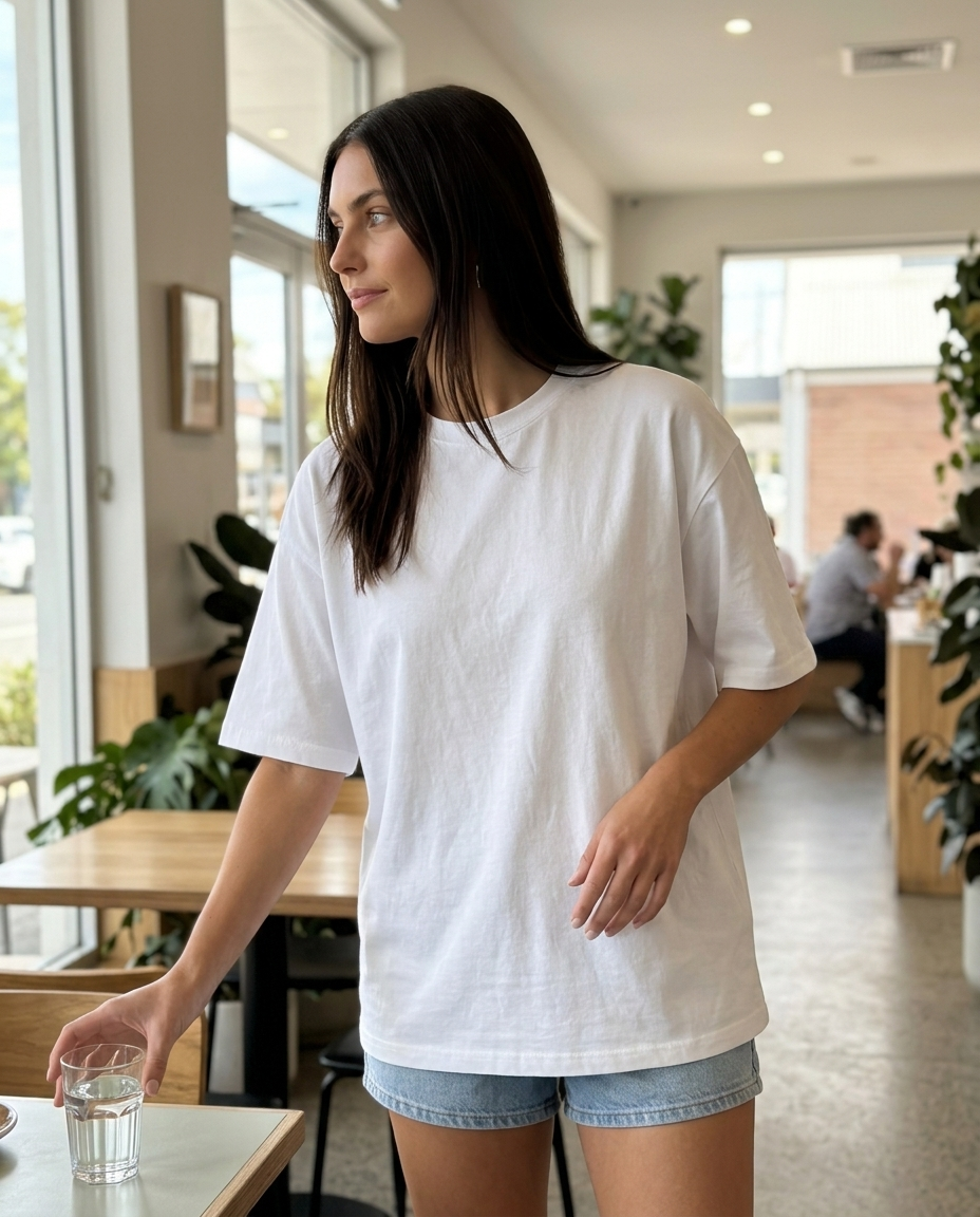 Oversized White Cotton Crew T-Shirt styled in a daylight interior setting