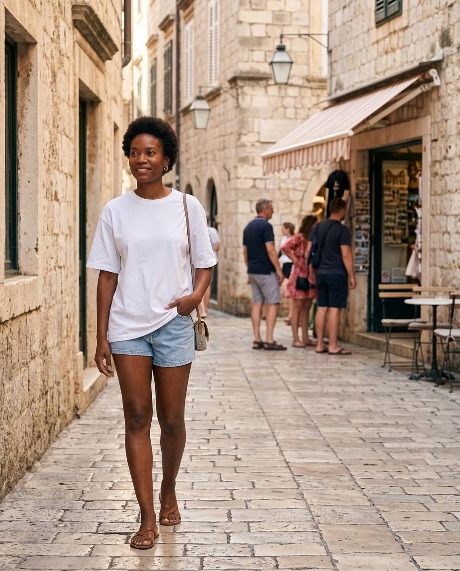 Oversized White Cotton Crew T-Shirt worn in an everyday street setting