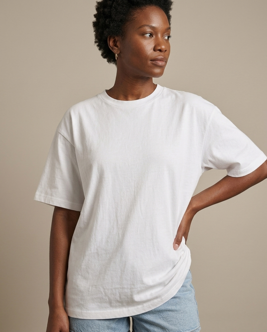 Oversized White Cotton Crew T-Shirt worn by a model, close waist-up view