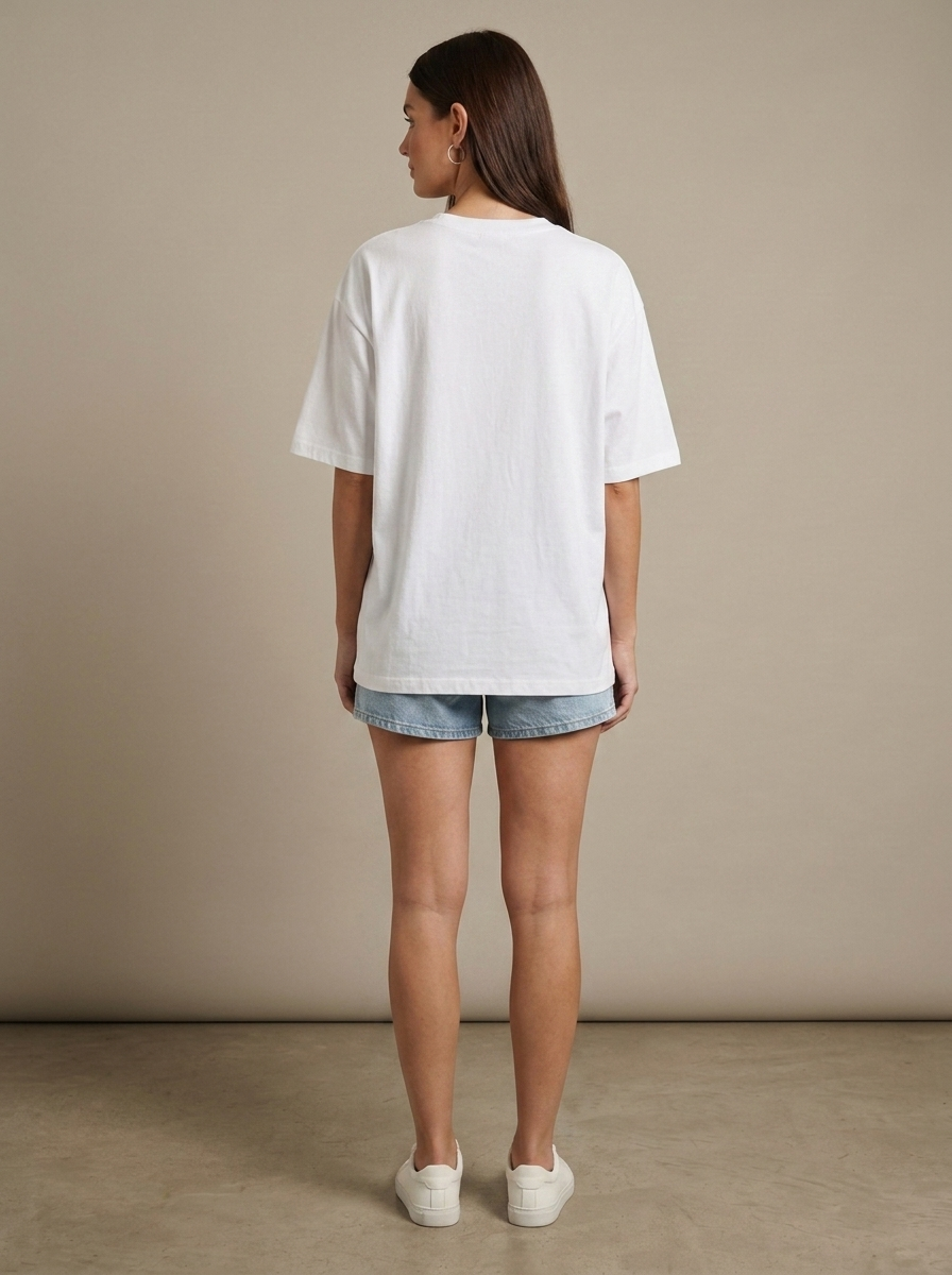 Oversized White Cotton Crew T-Shirt worn by a model, back view