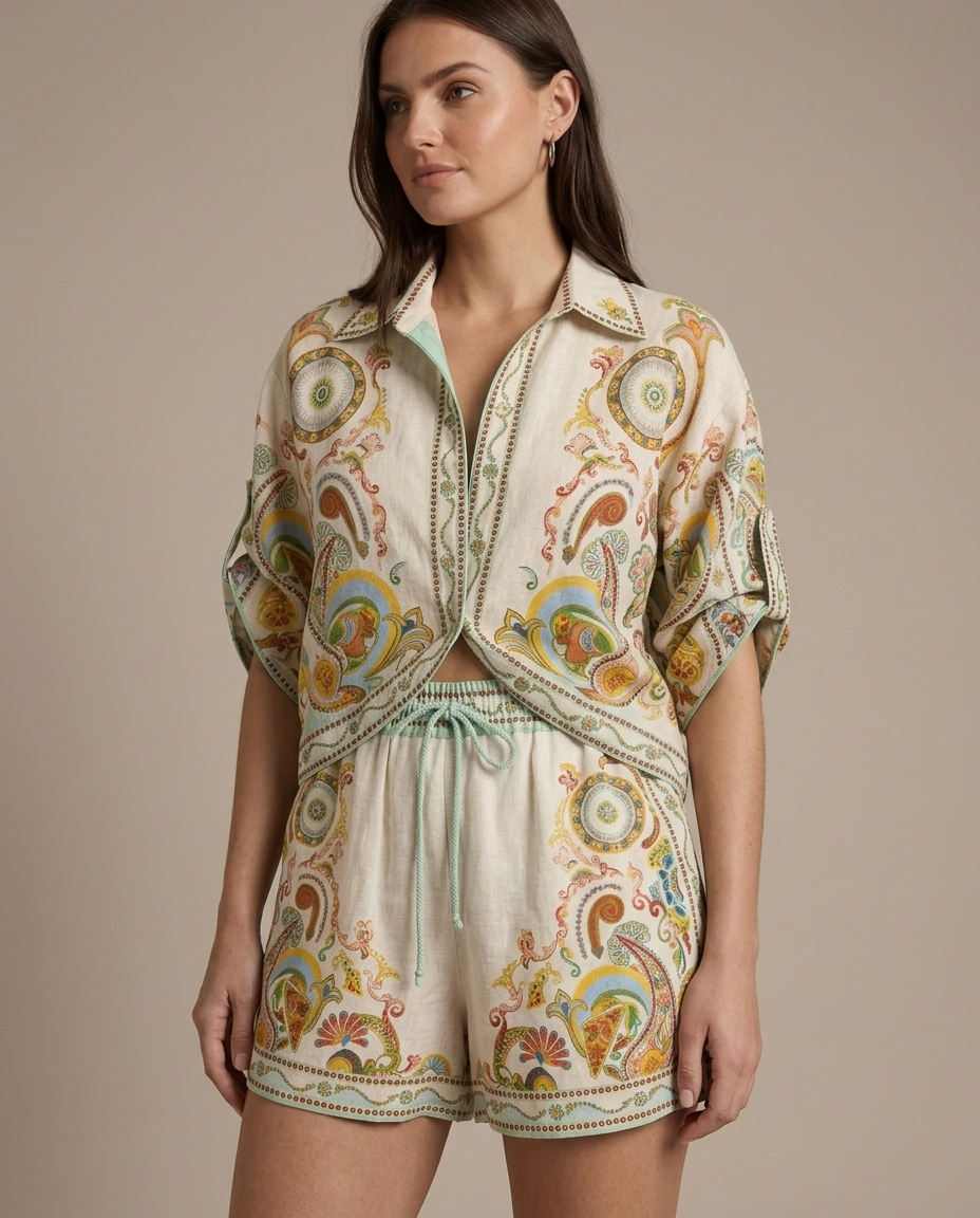 Paisley Print Cropped Shirt and Shorts Set worn by a model, close waist-up view