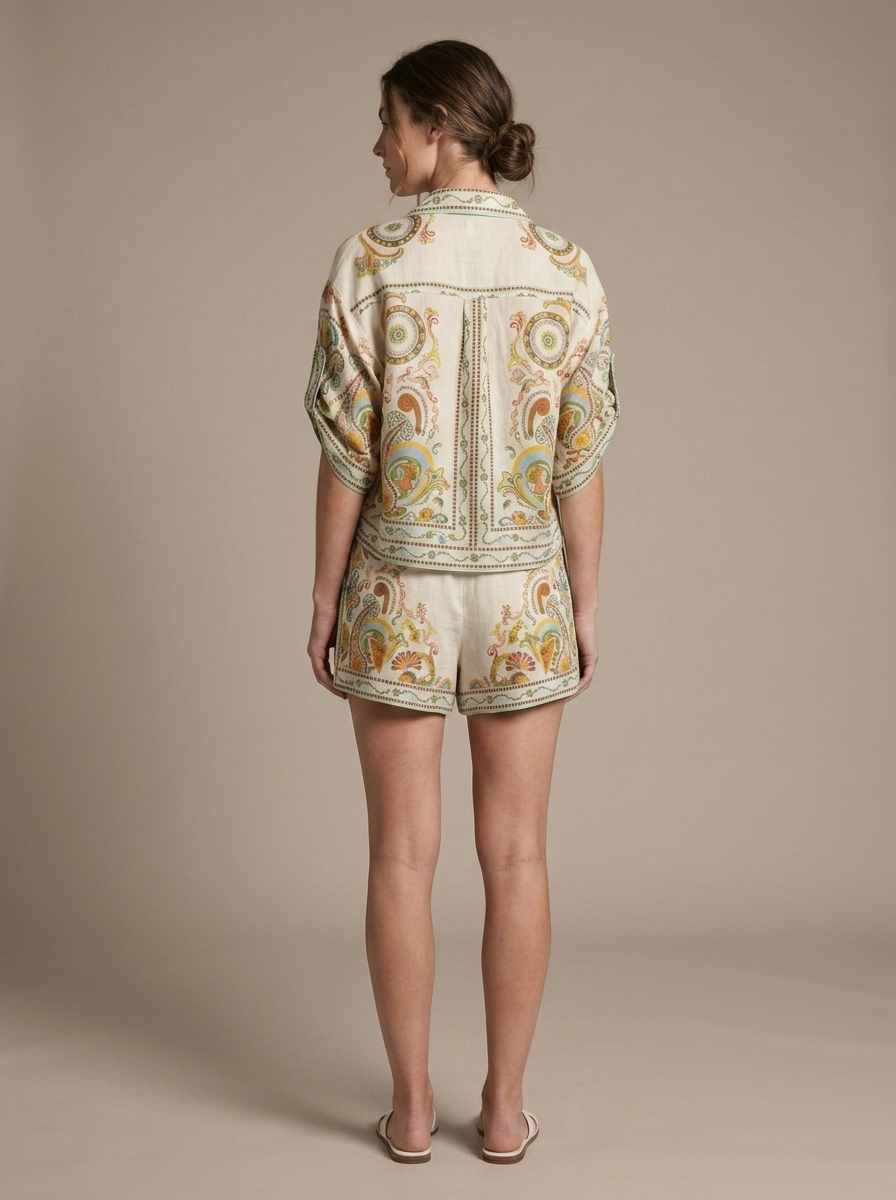 Paisley Print Cropped Shirt and Shorts Set worn by a model, back view