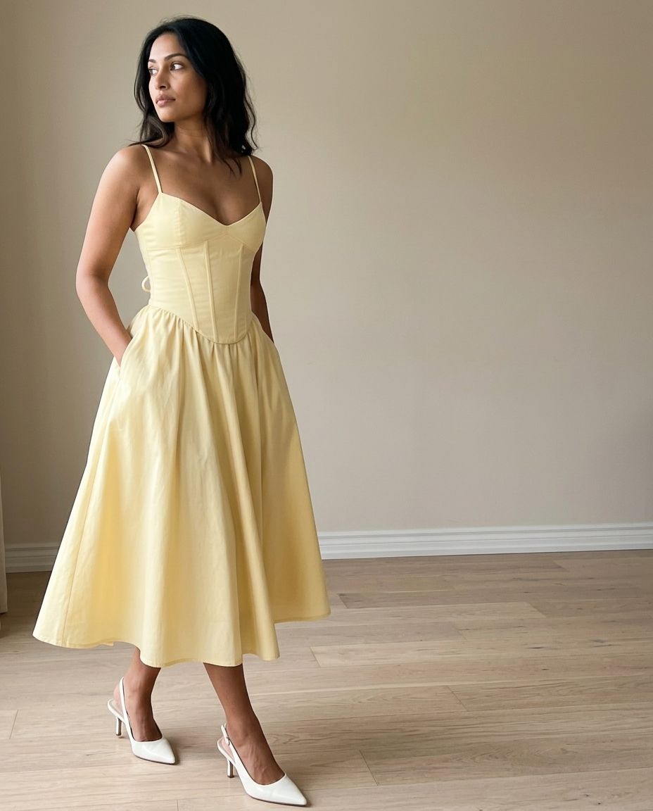Pale Yellow Corset A-Line Midi Dress styled in a daylight interior setting