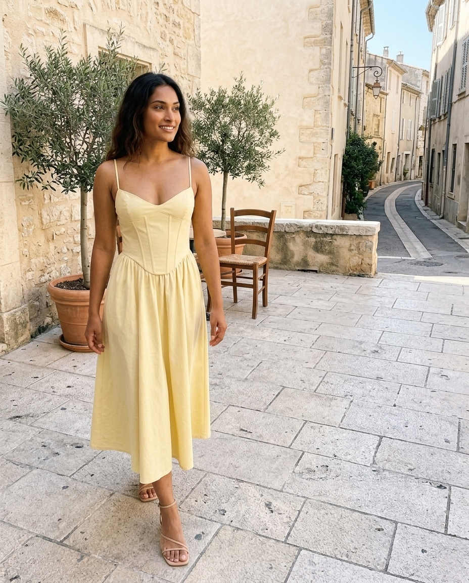 Pale Yellow Corset A-Line Midi Dress worn in an everyday street setting