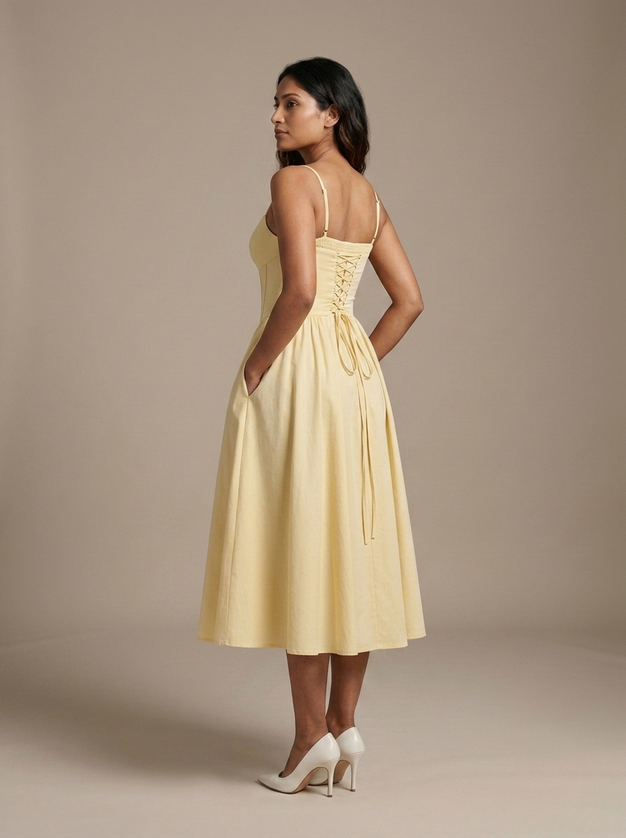 Pale Yellow Corset A-Line Midi Dress worn by a model, three-quarter angle