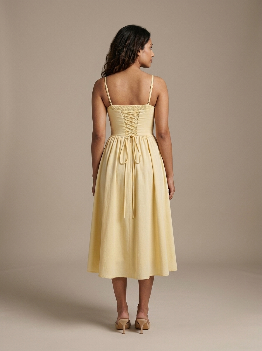 Pale Yellow Corset A-Line Midi Dress worn by a model, back view