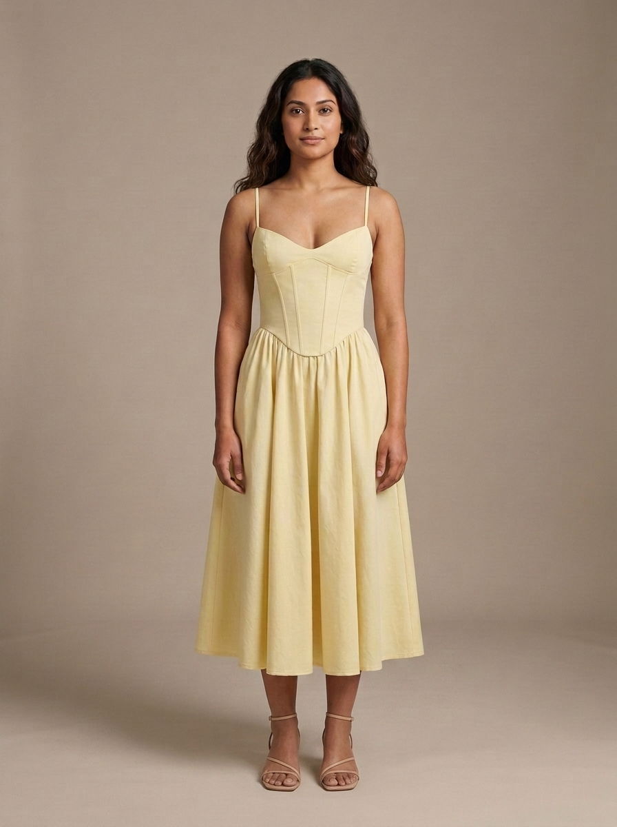 Pale Yellow Corset A-Line Midi Dress worn by a model, front view
