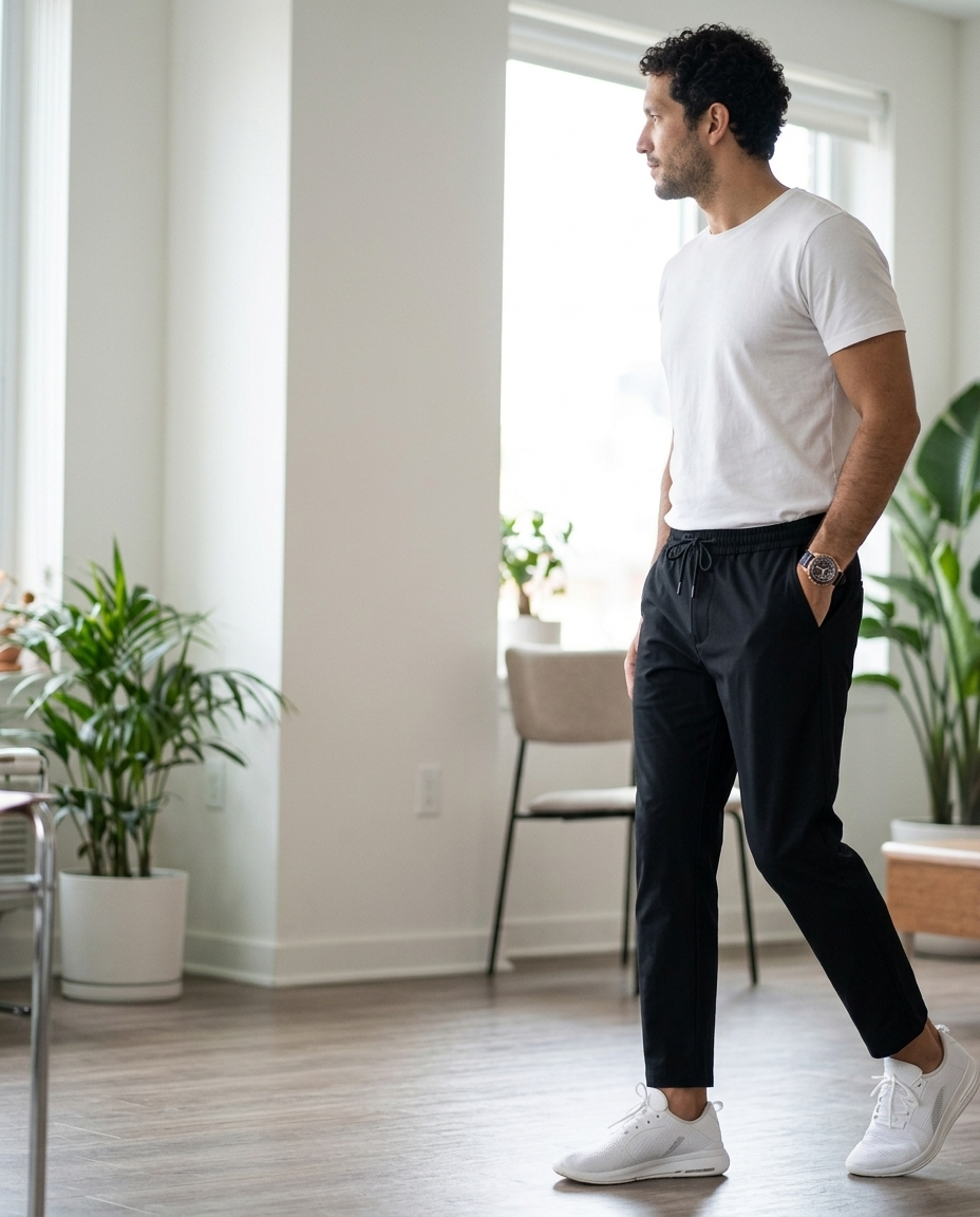 Pants Black Tapered Drawstring Ankle styled in a daylight interior setting