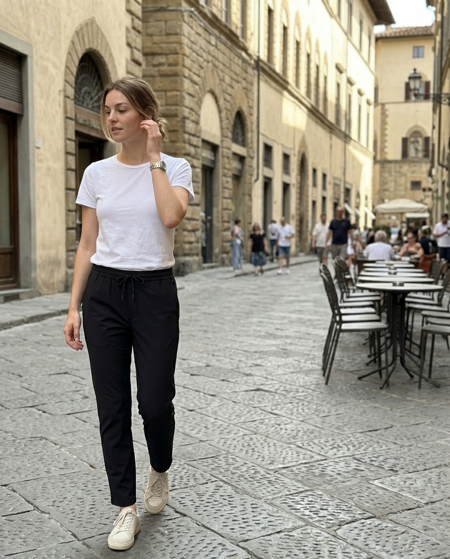 Pants Black Tapered Drawstring Ankle worn in an everyday street setting
