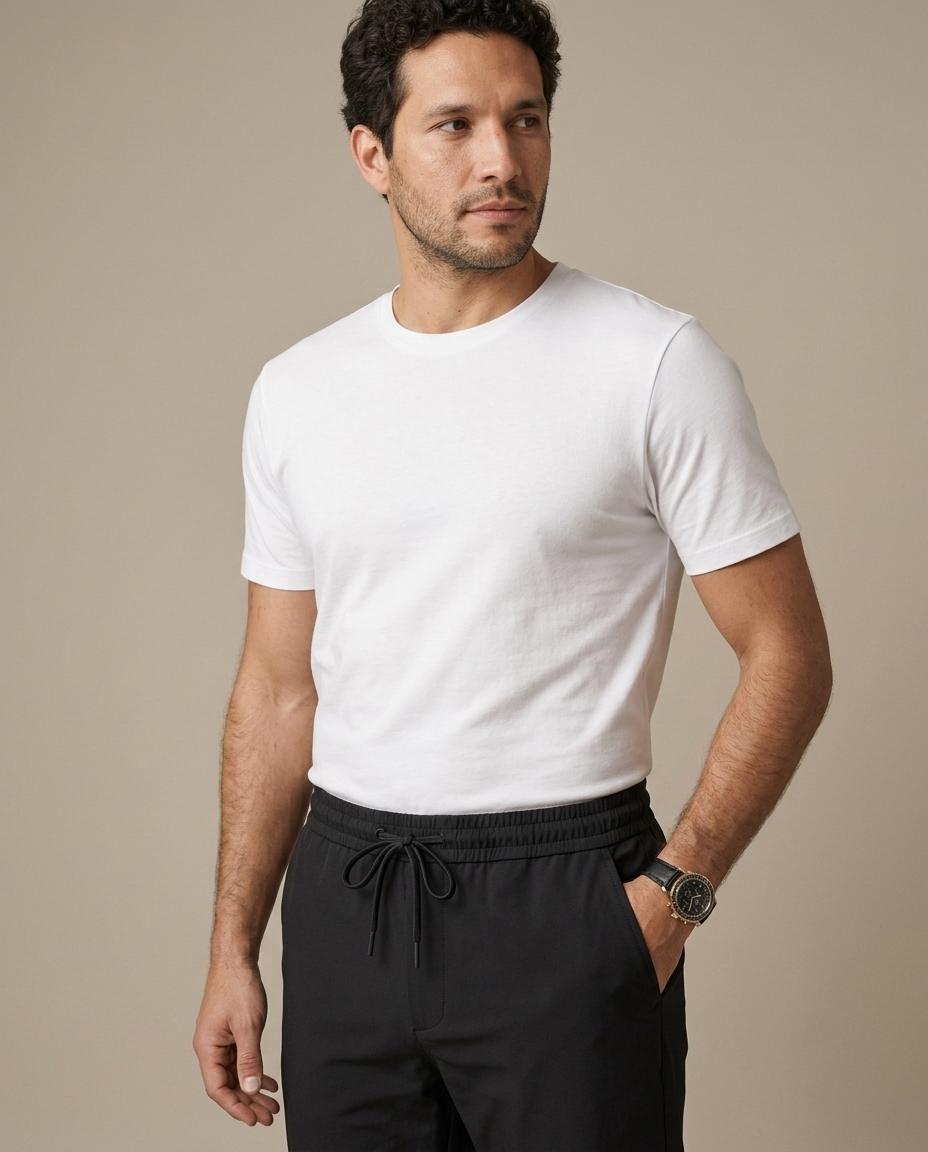 Pants Black Tapered Drawstring Ankle worn by a model, close waist-up view