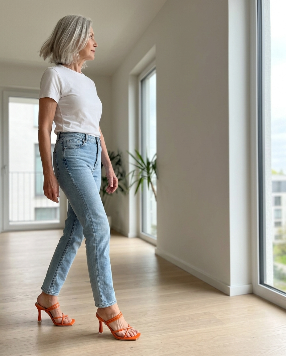 Patent Orange Strappy Heeled Sandals styled in a daylight interior setting