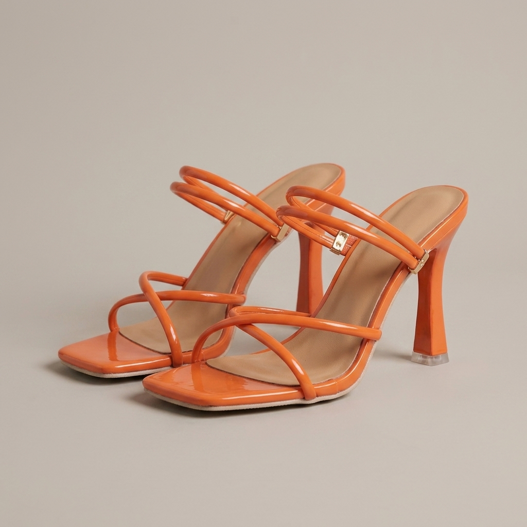 Close-up of Patent Orange Strappy Heeled Sandals
