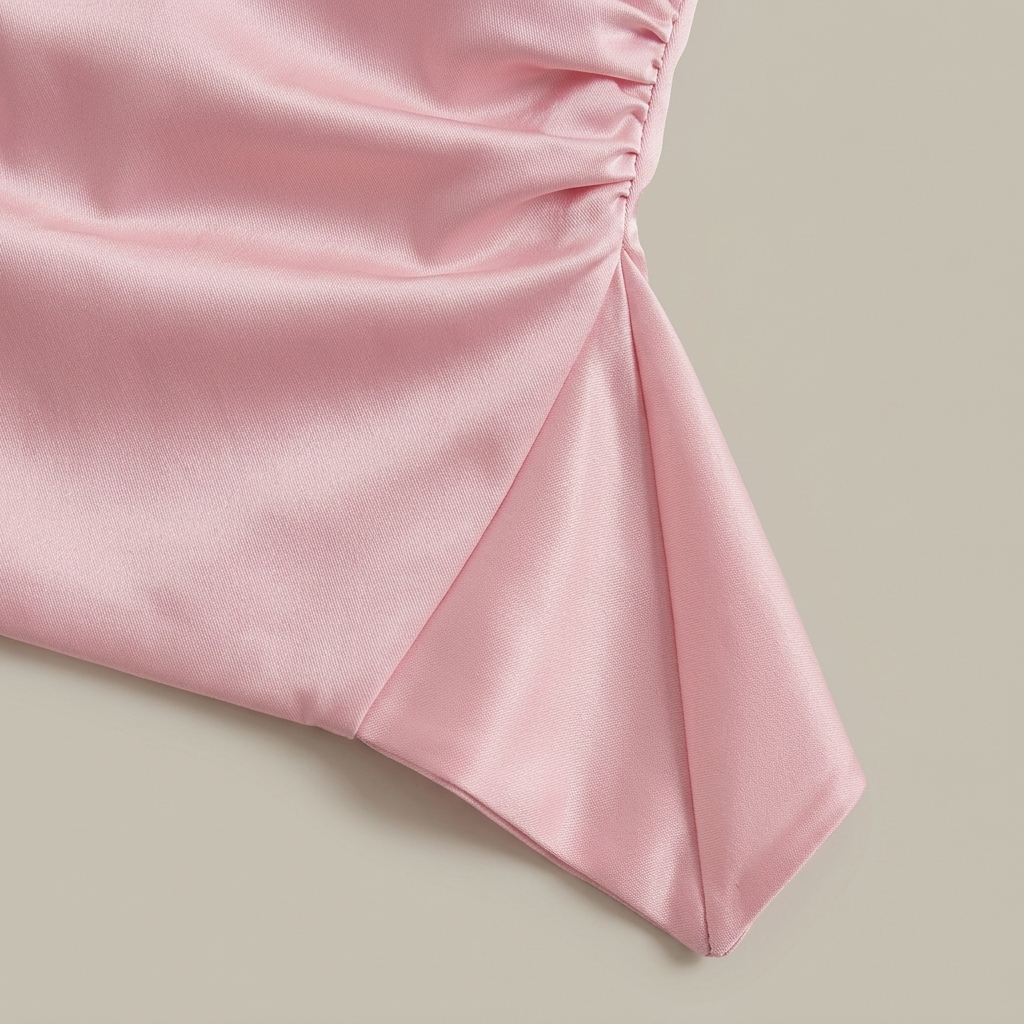 Close-up of Pink Strapless Ruched Satin Mini Dress fabric and detailing