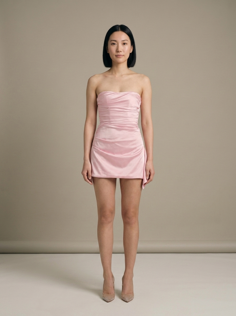 Pink Strapless Ruched Satin Mini Dress worn by a model, front view