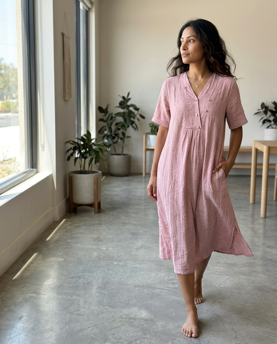 Pink Textured V-Neck Midi Dress styled in a daylight interior setting