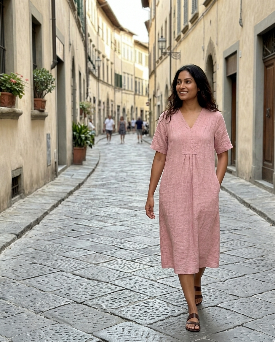 Pink Textured V-Neck Midi Dress worn in an everyday street setting