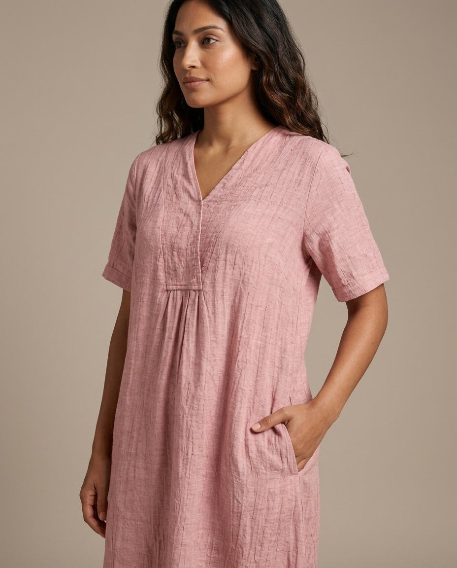 Pink Textured V-Neck Midi Dress worn by a model, close waist-up view