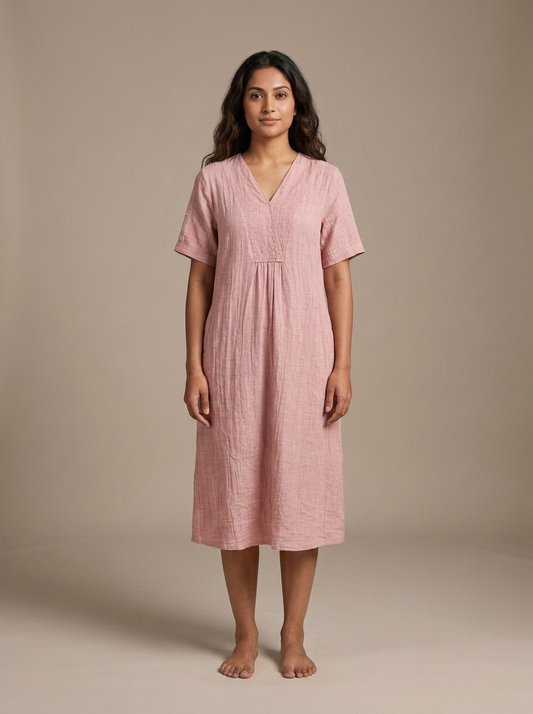 Pink Textured V-Neck Midi Dress worn by a model, front view