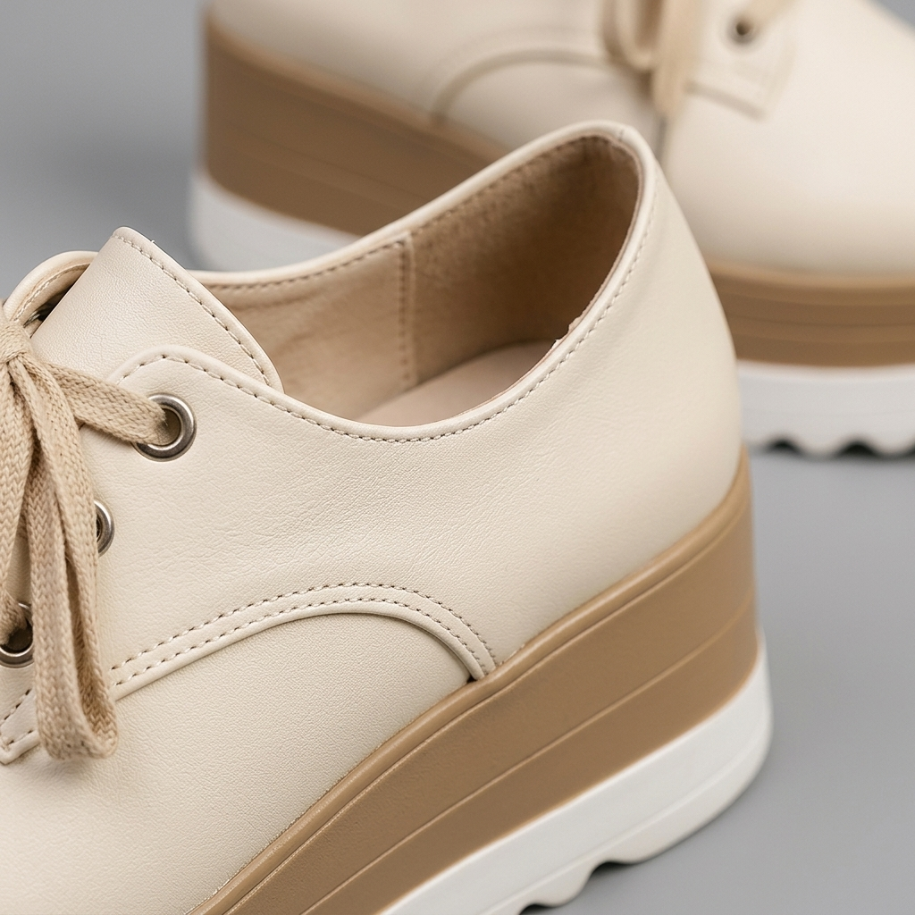 Close-up of Platform Oxford Lace-Up Shoes, Cream Layered Sole fabric and detailing