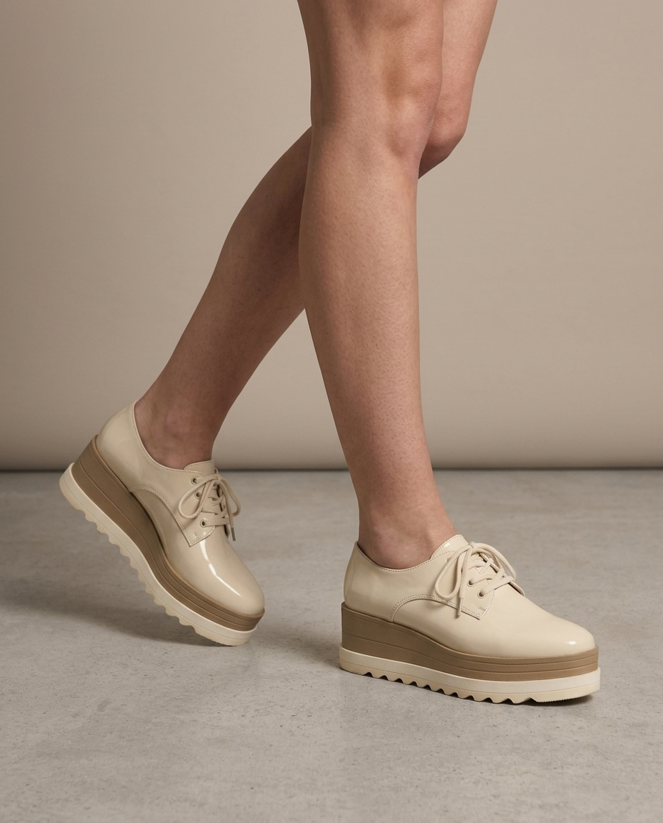 Platform Oxford Lace-Up Shoes, Cream Layered Sole worn, walking