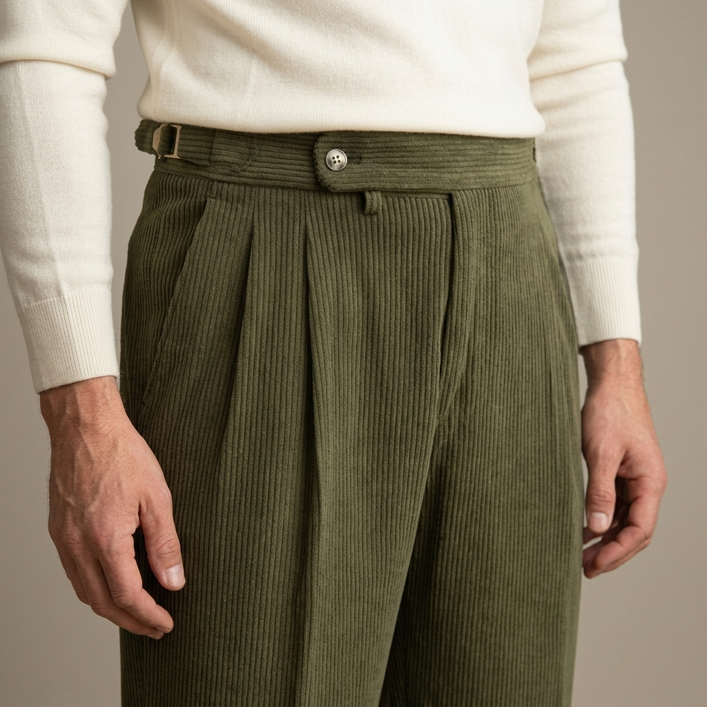 Close-up of Pleated Corduroy Cuffed Olive Trousers detail