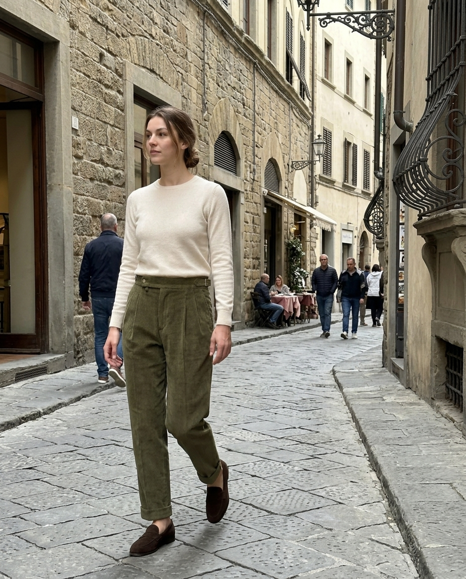 Pleated Corduroy Cuffed Olive Trousers worn in an everyday street setting