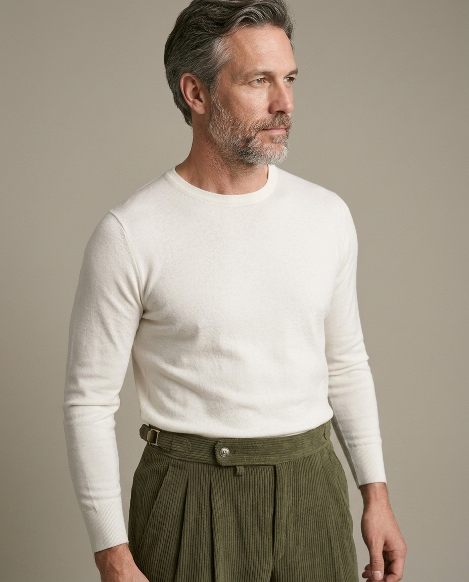 Pleated Corduroy Cuffed Olive Trousers worn by a model, close waist-up view