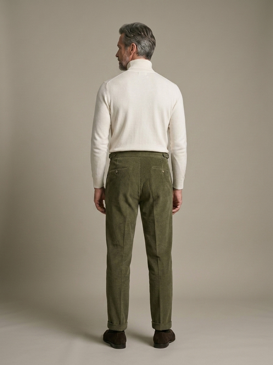 Pleated Corduroy Cuffed Olive Trousers worn by a model, back view