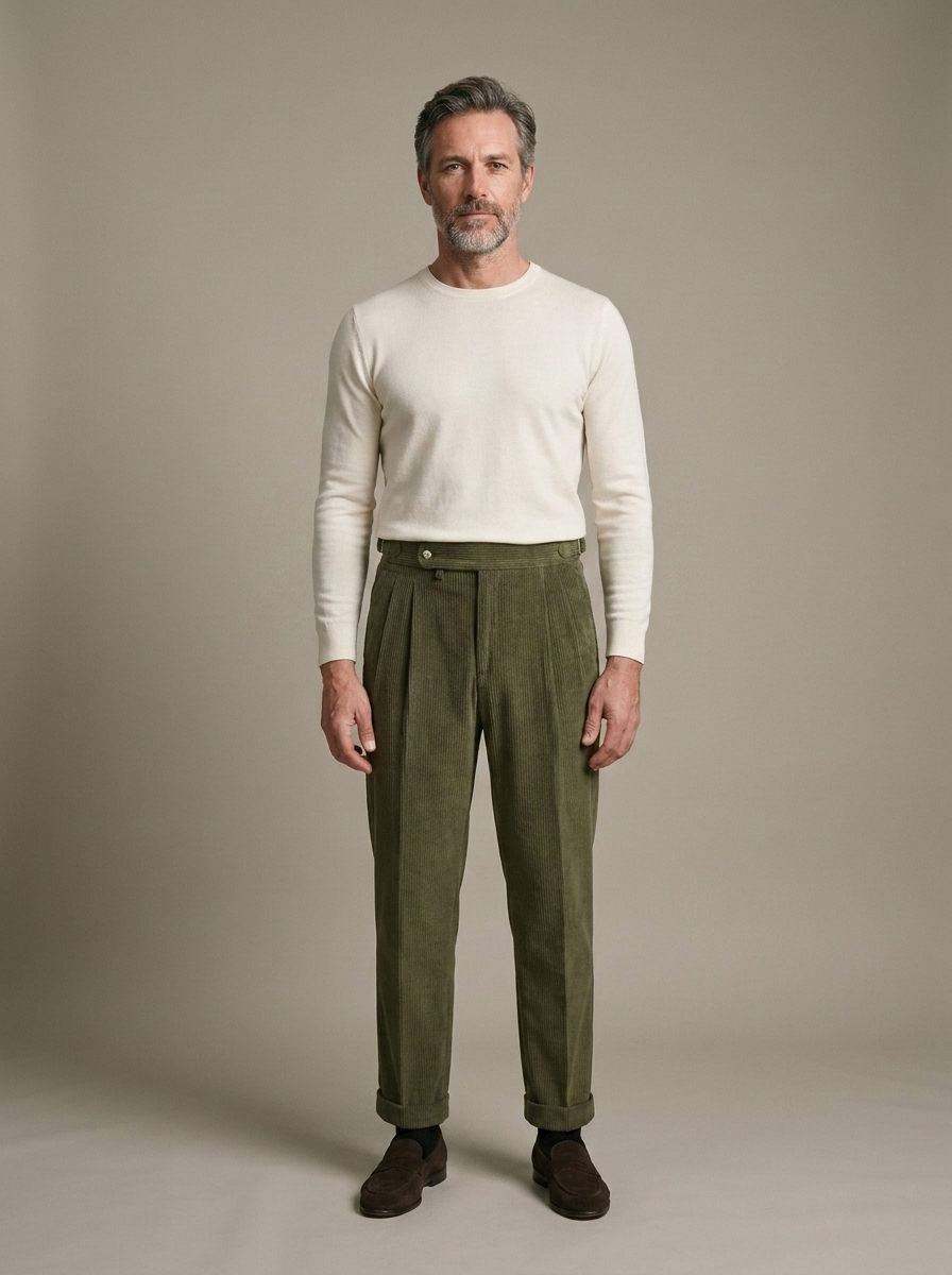 Pleated Corduroy Cuffed Olive Trousers worn by a model, front view