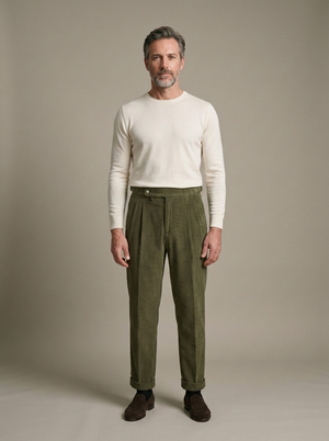 Pleated Corduroy Cuffed Olive Trousers