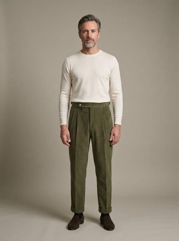 Pleated Corduroy Cuffed Olive Trousers