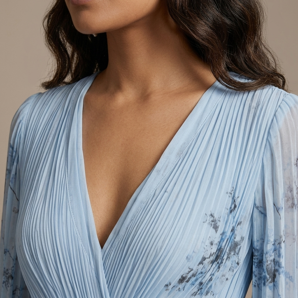 Close-up of Blue Floral Pleated V-Neck Long-Sleeve Maxi Dress detail