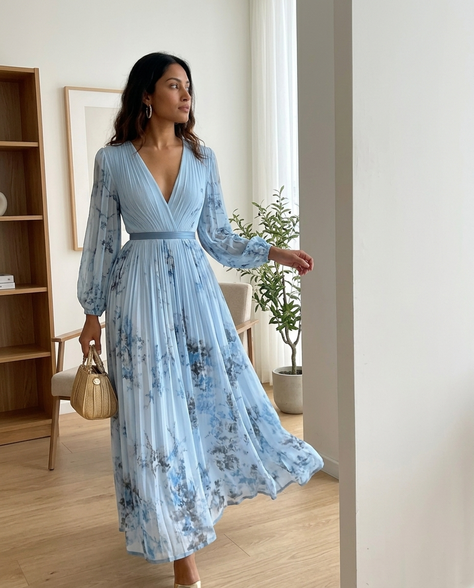 Pleated Maxi Dress Blue Floral V-Neck Long Sleeve styled in a daylight interior setting