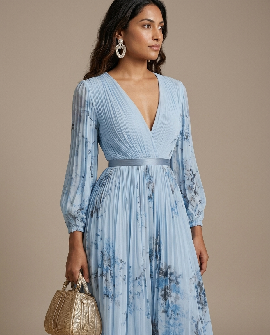 Pleated Maxi Dress Blue Floral V-Neck Long Sleeve worn by a model, close waist-up view