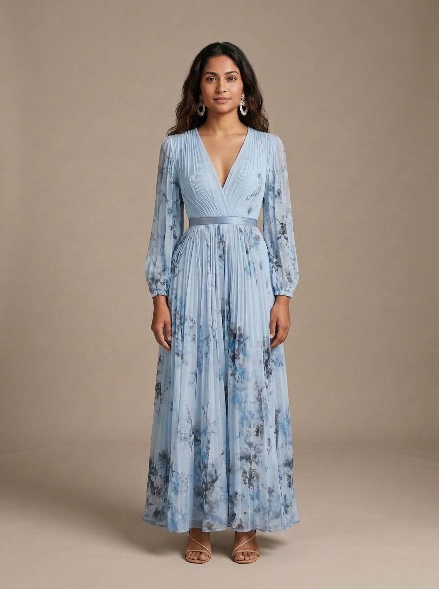 Pleated Maxi Dress Blue Floral V-Neck Long Sleeve worn by a model, front view