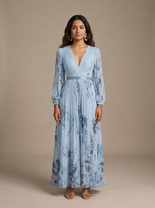 Pleated Maxi Dress Blue Floral V-Neck Long Sleeve worn by a model, front view