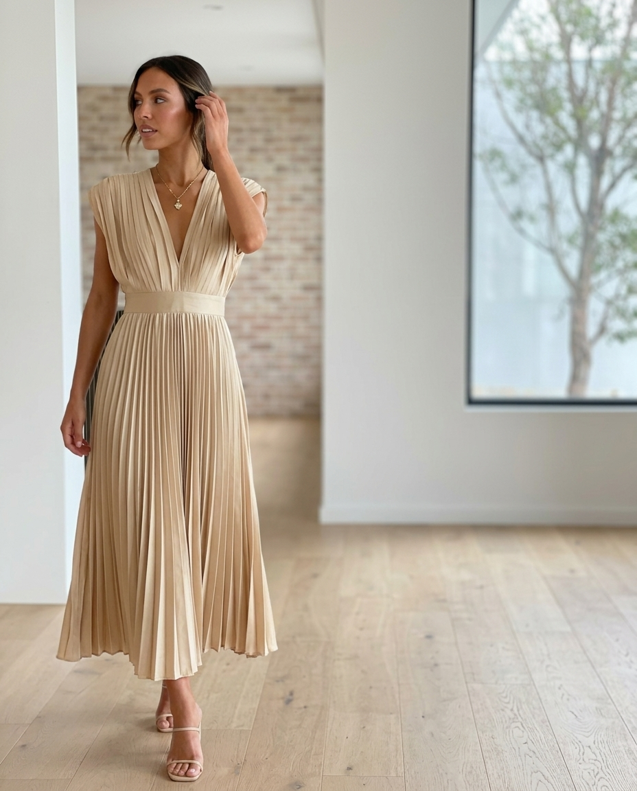 Pleated V-Neck Cap Sleeve Midi Dress styled in a daylight interior setting