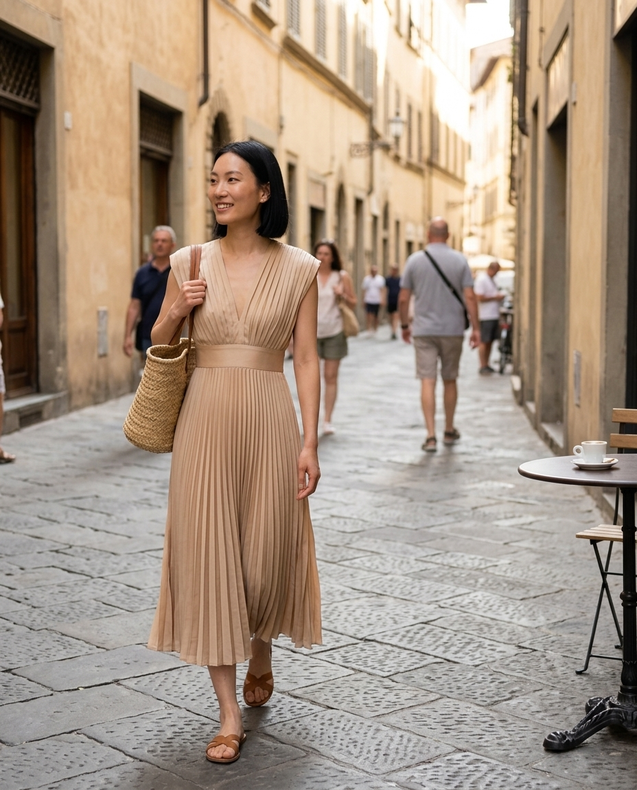 Pleated V-Neck Cap Sleeve Midi Dress worn in an everyday street setting