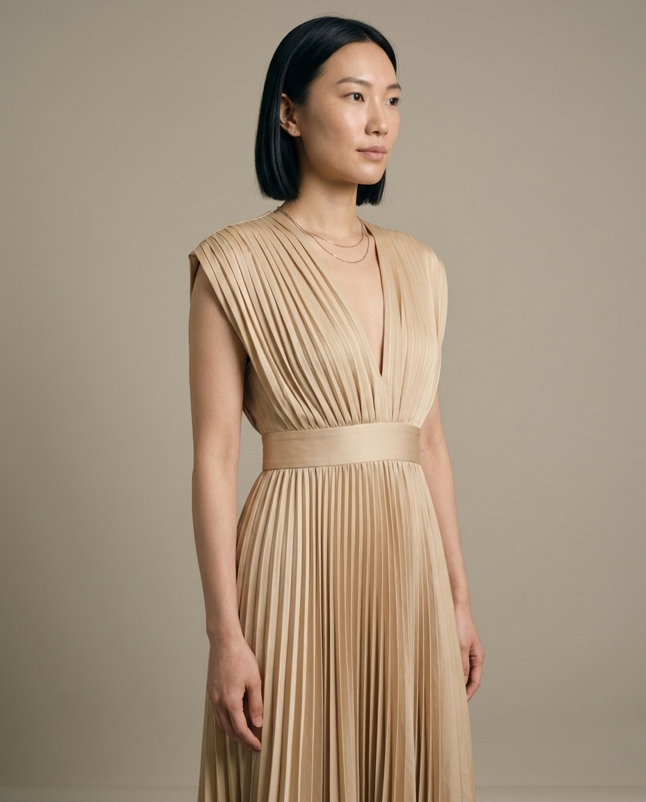 Pleated V-Neck Cap Sleeve Midi Dress worn by a model, close waist-up view
