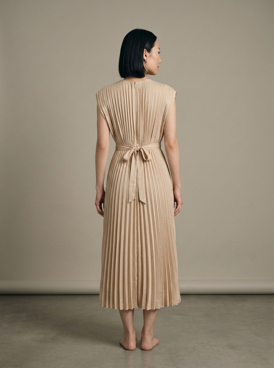 Pleated V-Neck Cap Sleeve Midi Dress worn by a model, back view