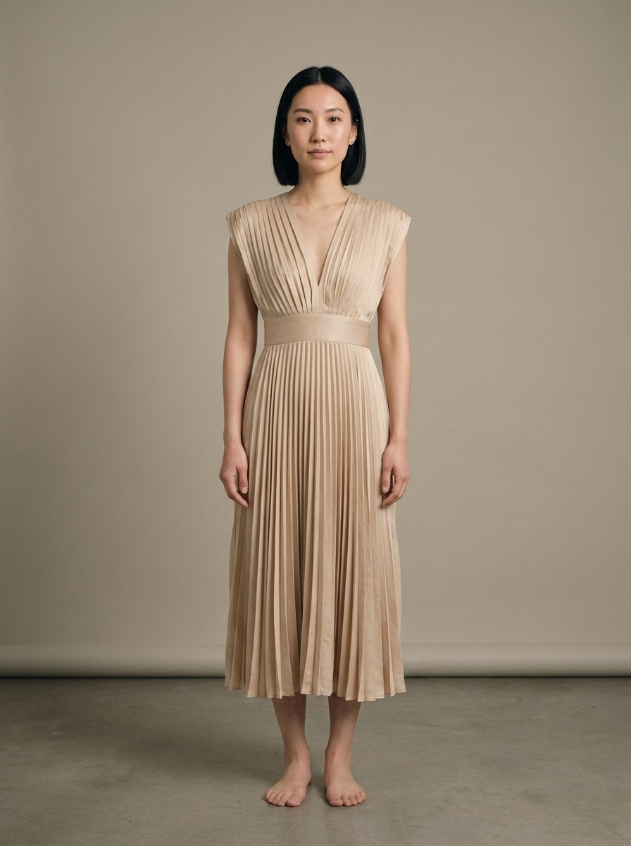 Pleated V-Neck Cap Sleeve Midi Dress worn by a model, front view