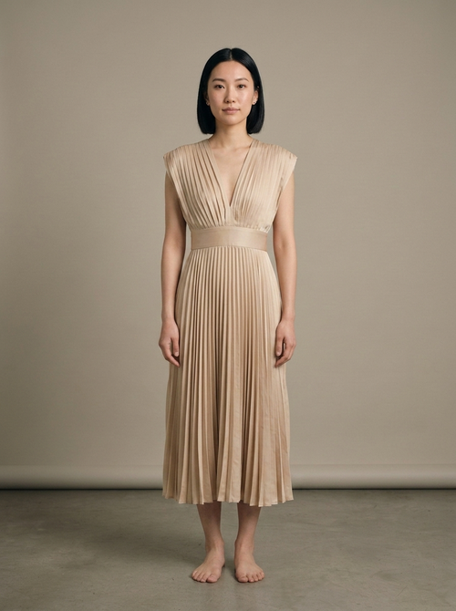 Pleated V-Neck Cap Sleeve Midi Dress worn by a model, front view