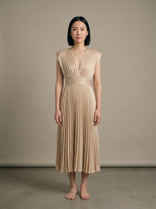 Pleated V-Neck Cap Sleeve Midi Dress worn by a model, front view