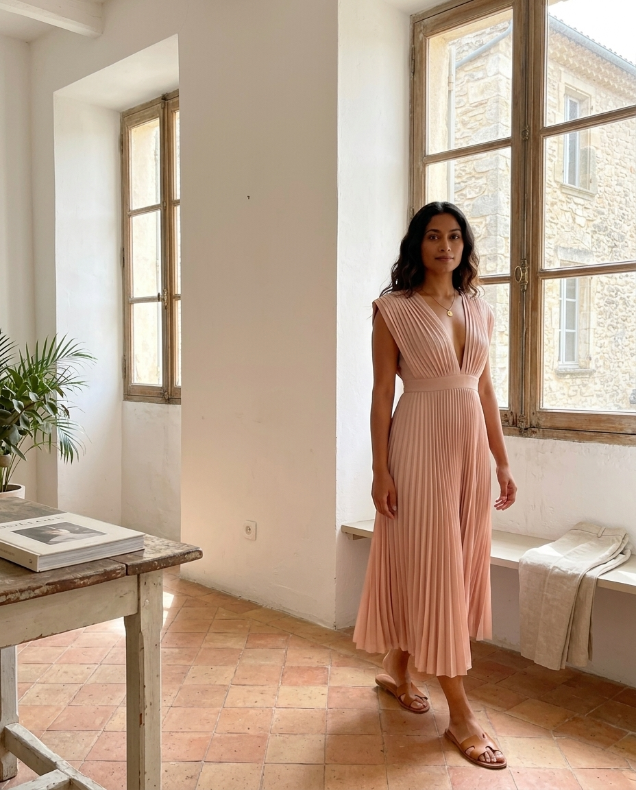 Pleated V-Neck Cap Sleeve Midi Dress, Blush styled in a daylight interior setting