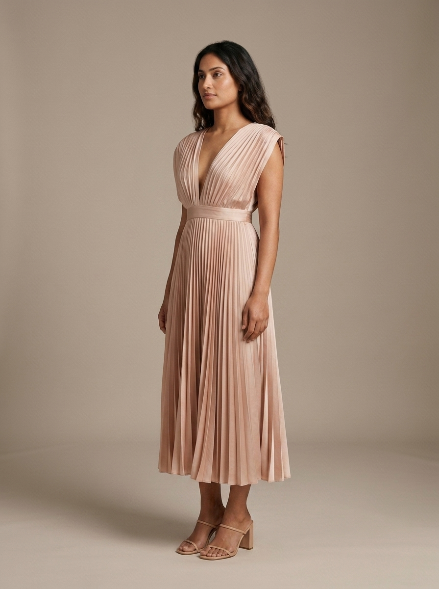 Pleated V-Neck Cap Sleeve Midi Dress, Blush worn by a model, three-quarter angle