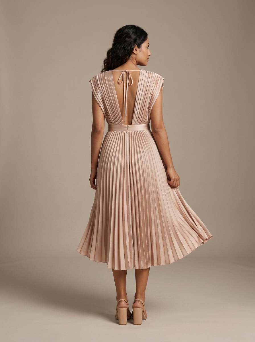 Pleated V-Neck Cap Sleeve Midi Dress, Blush worn by a model, back view