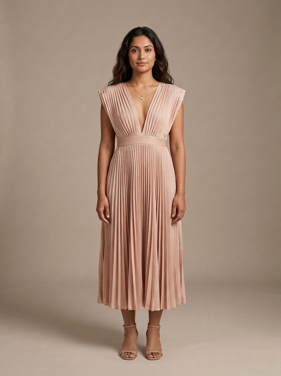 Pleated V-Neck Cap Sleeve Midi Dress, Blush worn by a model, front view